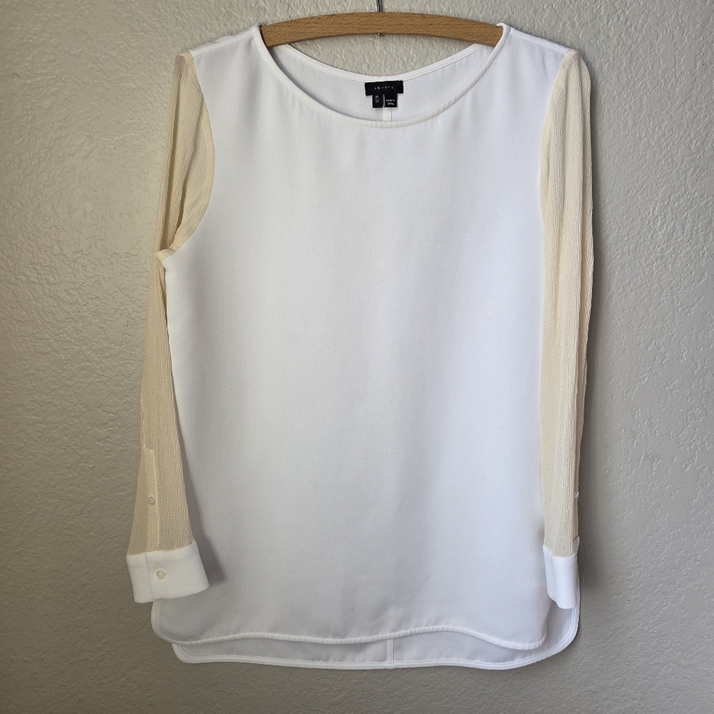 Theory White Long Ivory Silk Sleeves Size M Top Tunic Blouse Womens
